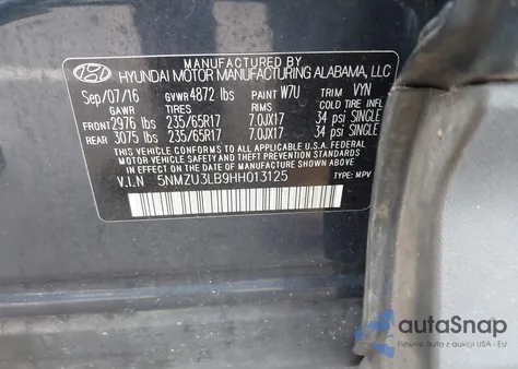 2017 Hyundai Santa Fe Sport 2.4L z USA, uszkodzony, nr VIN 5NMZU3LB9HH013125